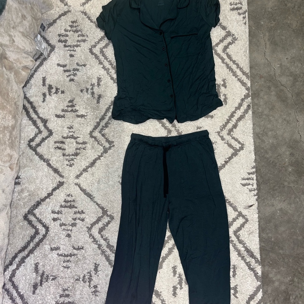 Dark Green Button-Up Top and Pants Set